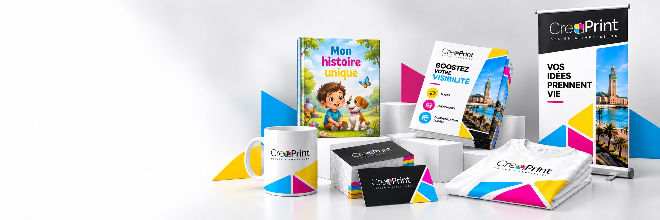 Mug, livre personnalisé, cartes de visite, flyers, t-shirt et roll-up imprimés par CreaPrint